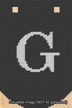 A simulated image of the stitched needlepoint design: Banner 13m Curved G White on Black. Not A.I. generated.