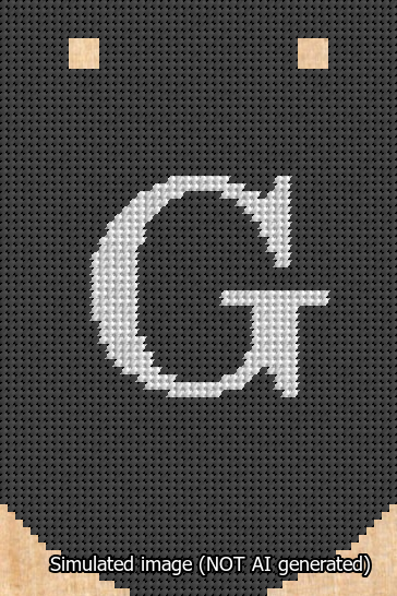 A simulated image of the stitched needlepoint design: Banner 13m Curved G White on Black. Not A.I. generated.