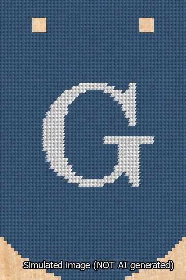 A simulated image of the stitched needlepoint design: Banner 13m Curved G White on Blue. Not A.I. generated.