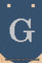 A simulated image of the stitched needlepoint design: Banner 13m Curved G White on Blue. Not A.I. generated.
