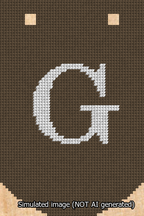 A simulated image of the stitched needlepoint design: Banner 13m Curved G White on Brown. Not A.I. generated.
