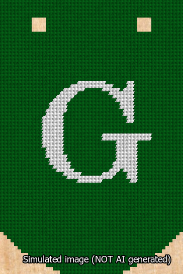 A simulated image of the stitched needlepoint design: Banner 13m Curved G White on Green. Not A.I. generated.