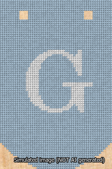 A simulated image of the stitched needlepoint design: Banner 13m Curved G White on Light Blue. Not A.I. generated.