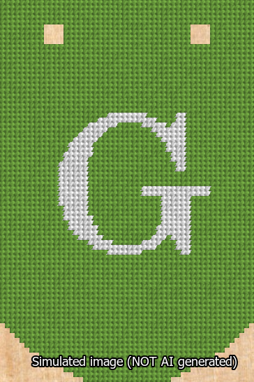 A simulated image of the stitched needlepoint design: Banner 13m Curved G White on Light Green. Not A.I. generated.