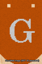A simulated image of the stitched needlepoint design: Banner 13m Curved G White on Orange. Not A.I. generated.