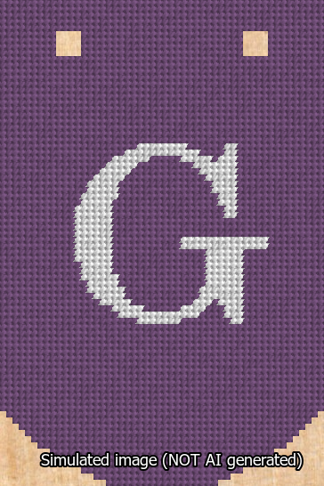 A simulated image of the stitched needlepoint design: Banner 13m Curved G White on Purple. Not A.I. generated.