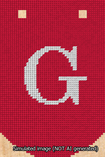 A simulated image of the stitched needlepoint design: Banner 13m Curved G White on Red. Not A.I. generated.