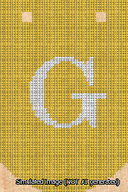 A simulated image of the stitched needlepoint design: Banner 13m Curved G White on Yellow. Not A.I. generated.