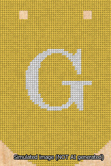 A simulated image of the stitched needlepoint design: Banner 13m Curved G White on Yellow. Not A.I. generated.