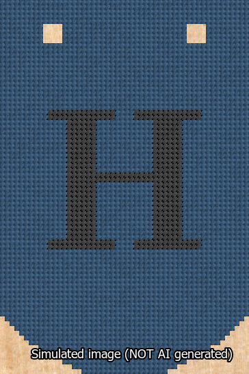 A simulated image of the stitched needlepoint design: Banner 13m Curved H Black on Blue. Not A.I. generated.