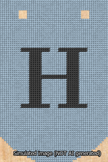 A simulated image of the stitched needlepoint design: Banner 13m Curved H Black on Light Blue. Not A.I. generated.