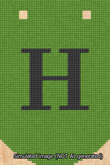 A simulated image of the stitched needlepoint design: Banner 13m Curved H Black on Light Green. Not A.I. generated.