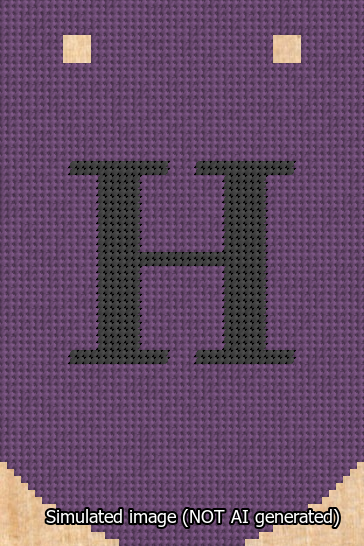 A simulated image of the stitched needlepoint design: Banner 13m Curved H Black on Purple. Not A.I. generated.