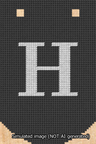 A simulated image of the stitched needlepoint design: Banner 13m Curved H White on Black. Not A.I. generated.