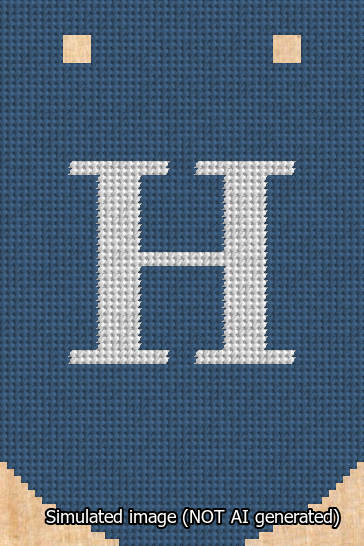 A simulated image of the stitched needlepoint design: Banner 13m Curved H White on Blue. Not A.I. generated.