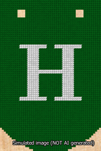 A simulated image of the stitched needlepoint design: Banner 13m Curved H White on Green. Not A.I. generated.