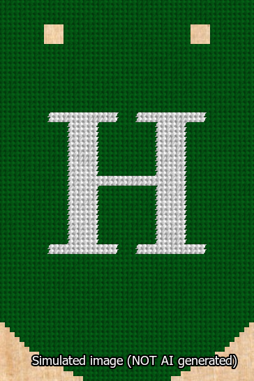 A simulated image of the stitched needlepoint design: Banner 13m Curved H White on Green. Not A.I. generated.