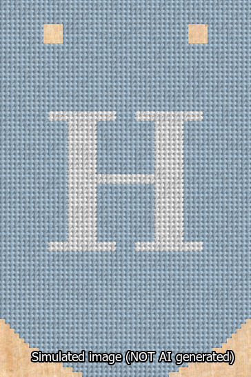 A simulated image of the stitched needlepoint design: Banner 13m Curved H White on Light Blue. Not A.I. generated.