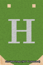 A simulated image of the stitched needlepoint design: Banner 13m Curved H White on Light Green. Not A.I. generated.