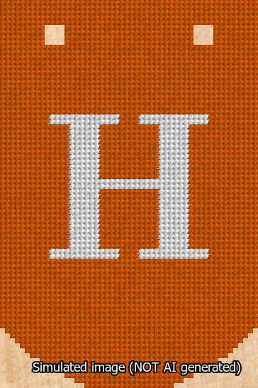 A simulated image of the stitched needlepoint design: Banner 13m Curved H White on Orange. Not A.I. generated.