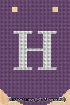 A simulated image of the stitched needlepoint design: Banner 13m Curved H White on Purple. Not A.I. generated.