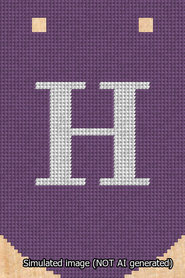A simulated image of the stitched needlepoint design: Banner 13m Curved H White on Purple. Not A.I. generated.