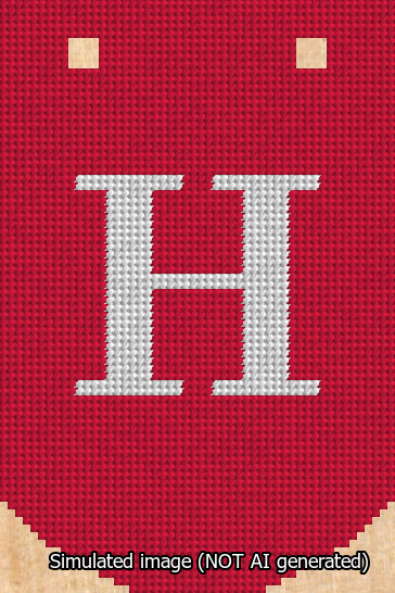 A simulated image of the stitched needlepoint design: Banner 13m Curved H White on Red. Not A.I. generated.