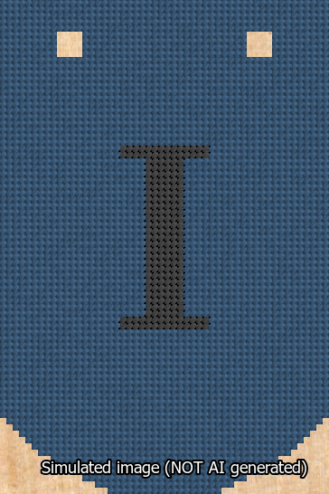 A simulated image of the stitched needlepoint design: Banner 13m Curved I Black on Blue. Not A.I. generated.