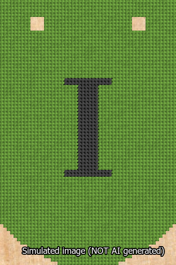 A simulated image of the stitched needlepoint design: Banner 13m Curved I Black on Light Green. Not A.I. generated.
