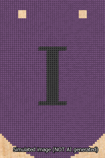 A simulated image of the stitched needlepoint design: Banner 13m Curved I Black on Purple. Not A.I. generated.