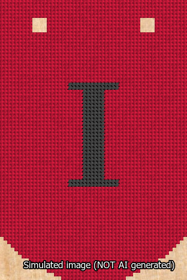 A simulated image of the stitched needlepoint design: Banner 13m Curved I Black on Red. Not A.I. generated.