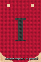 A simulated image of the stitched needlepoint design: Banner 13m Curved I Black on Red. Not A.I. generated.