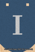 A simulated image of the stitched needlepoint design: Banner 13m Curved I White on Blue. Not A.I. generated.