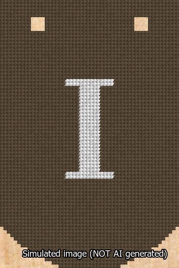 A simulated image of the stitched needlepoint design: Banner 13m Curved I White on Brown. Not A.I. generated.