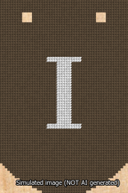 A simulated image of the stitched needlepoint design: Banner 13m Curved I White on Brown. Not A.I. generated.