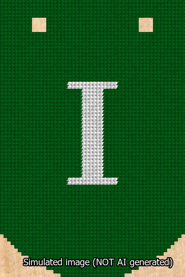 A simulated image of the stitched needlepoint design: Banner 13m Curved I White on Green. Not A.I. generated.