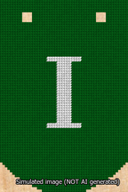 A simulated image of the stitched needlepoint design: Banner 13m Curved I White on Green. Not A.I. generated.