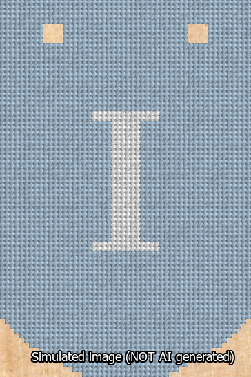 A simulated image of the stitched needlepoint design: Banner 13m Curved I White on Light Blue. Not A.I. generated.