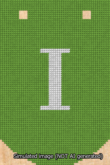 A simulated image of the stitched needlepoint design: Banner 13m Curved I White on Light Green. Not A.I. generated.