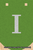 A simulated image of the stitched needlepoint design: Banner 13m Curved I White on Light Green. Not A.I. generated.