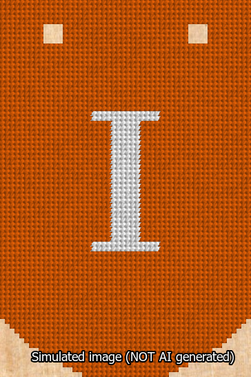 A simulated image of the stitched needlepoint design: Banner 13m Curved I White on Orange. Not A.I. generated.