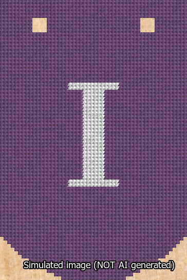 A simulated image of the stitched needlepoint design: Banner 13m Curved I White on Purple. Not A.I. generated.