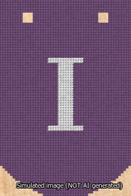A simulated image of the stitched needlepoint design: Banner 13m Curved I White on Purple. Not A.I. generated.