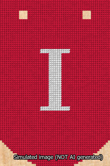 A simulated image of the stitched needlepoint design: Banner 13m Curved I White on Red. Not A.I. generated.