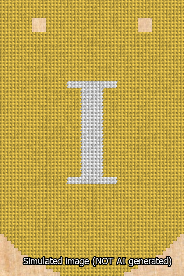 A simulated image of the stitched needlepoint design: Banner 13m Curved I White on Yellow. Not A.I. generated.