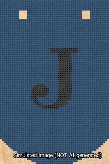 A simulated image of the stitched needlepoint design: Banner 13m Curved J Black on Blue. Not A.I. generated.