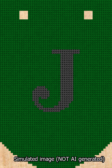 A simulated image of the stitched needlepoint design: Banner 13m Curved J Black on Green. Not A.I. generated.