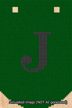 A simulated image of the stitched needlepoint design: Banner 13m Curved J Black on Green. Not A.I. generated.