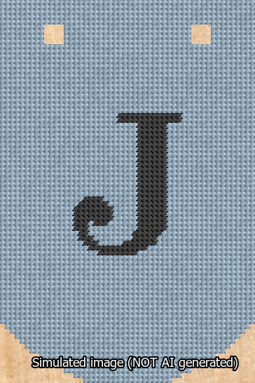 A simulated image of the stitched needlepoint design: Banner 13m Curved J Black on Light Blue. Not A.I. generated.