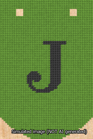 A simulated image of the stitched needlepoint design: Banner 13m Curved J Black on Light Green. Not A.I. generated.